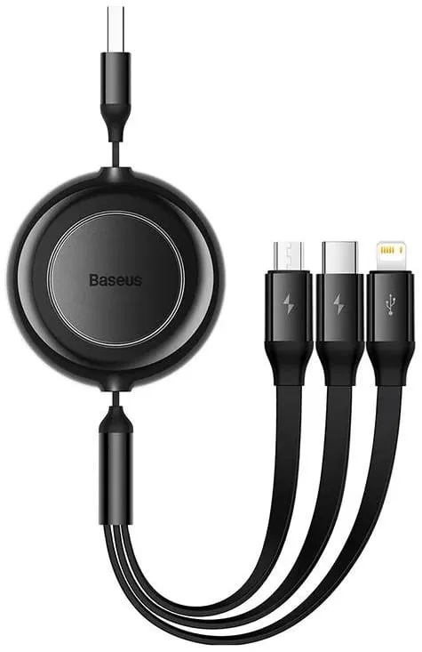Cabo Carregamento Rápido Bright Mirror 2 Series Retractable 3In1 Data Cabo Usb - M+L+C 3.5A 1.1m Preto